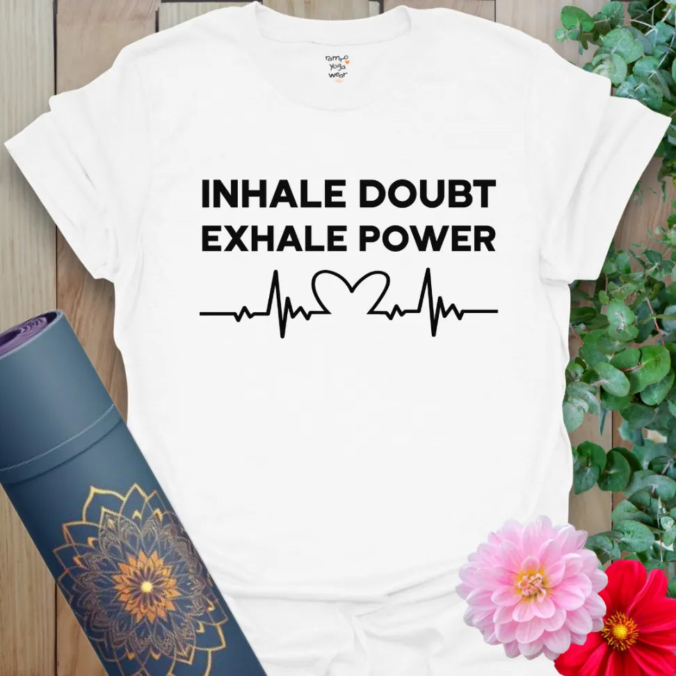Clean white unisex yoga t-shirt with powerful mindful movement quote inspiring soulful strength and inner confidence.