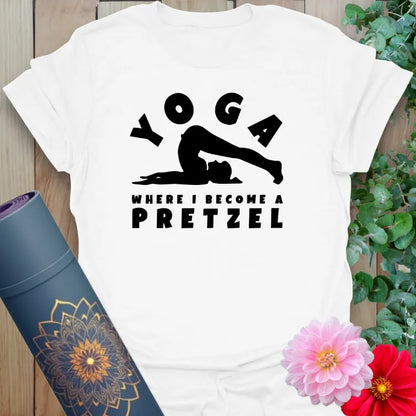 Clean white unisex yoga t-shirt with playful yoga humor quote and stretched pose artwork for conscious, light-hearted living.