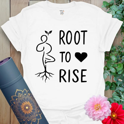 Clean white unisex yoga t-shirt featuring rooted yogi figure and positive growth mantra for conscious, soulful living.