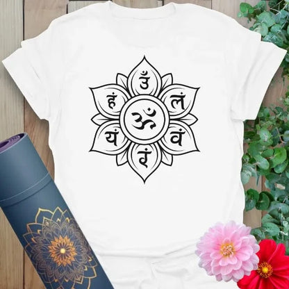 Clean white unisex yoga t-shirt featuring intricate Sanskrit symbol artwork and Om mantra for soulful connection and sacred mindfulness.