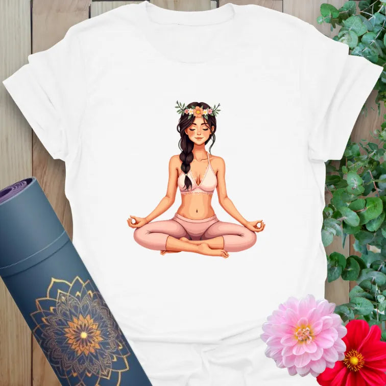 Clean white unisex yoga t-shirt featuring peaceful seated yogi illustration inspiring conscious presence and inner harmony.