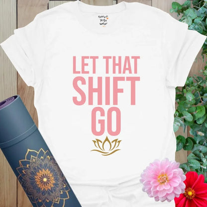 White Shift T-Shirt with navy and taupe design and grounded symbol. Soulful yoga tee with lighthearted tone.