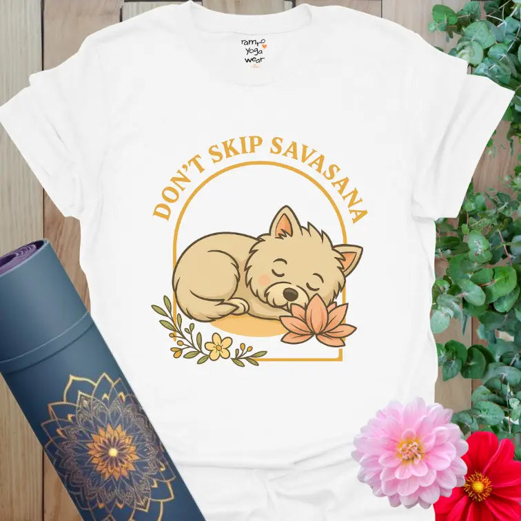 White Sleeping Westie T-Shirt featuring a cute resting Westie and lotus flower. Soft yoga tee for mindfulness and relaxation.
