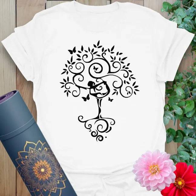 Clean white unisex t-shirt featuring intricate Tree Pose and butterfly design for balance, mindfulness, and soulful movement.