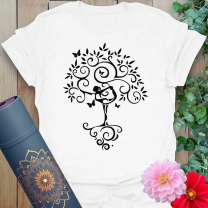 Clean white unisex t-shirt featuring intricate Tree Pose and butterfly design for balance, mindfulness, and soulful movement.