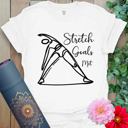Clean white unisex yoga t-shirt showcasing empowering stretch design and light-hearted yoga phrase for mindful daily wear.