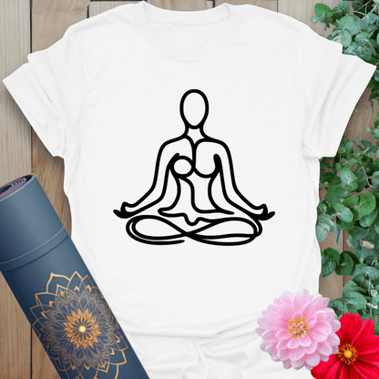 Clean white unisex yoga tee with minimal seated design, symbolizing connection and inner alignment.