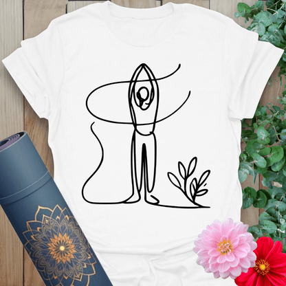Clean white unisex yoga tee with minimalist Tadasana pose graphic and plant accent, perfect for centered daily wear.