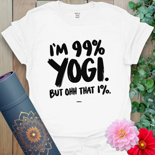 Clean white unisex yoga tee with bold black quote graphic balancing humor, truth, and spiritual personality.