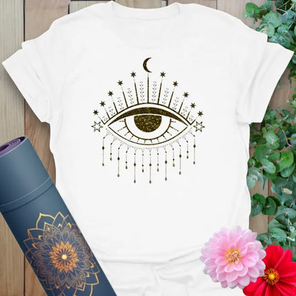 Clean white unisex tee with ornate third eye illustration in gold tones for elevated, soulful streetwear.
