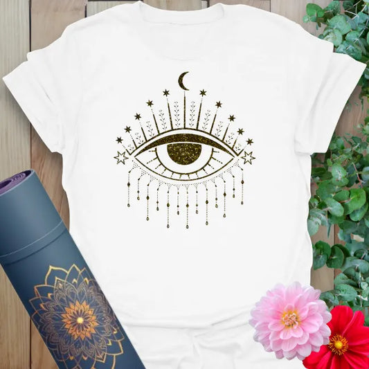 Clean white unisex tee with ornate third eye illustration in gold tones for elevated, soulful streetwear.