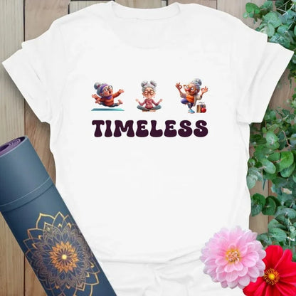 Clean white unisex tee featuring spirited senior figures and empowering message for vibrant yoga and dance lovers.