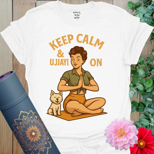 Crisp white cotton yoga tee featuring retro yogi in meditation pose with “Keep Calm & Ujjayi On” design.