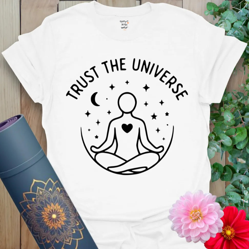 Clean white unisex tee with peaceful yogi figure and night sky design for universal faith and conscious style.