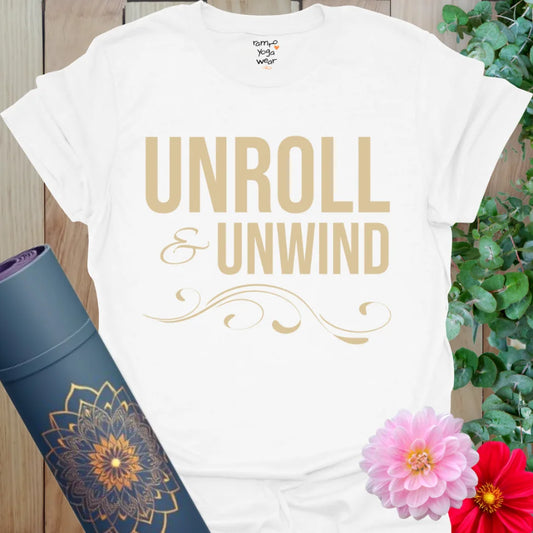 White Unroll T-Shirt with high-contrast design and peaceful message. Clean, wearable tee for yoga and grounding moments.