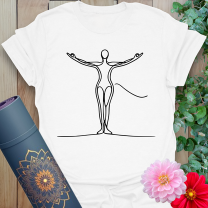 Clean white unisex tee with soft line drawing of empowered open-arm figure, made for clarity and conscious style.