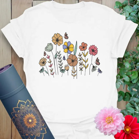 Clean white unisex tee with vintage flower and butterfly artwork for peaceful, everyday mindful wear.