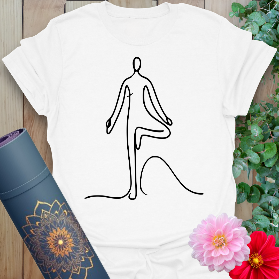 Clean white unisex tee with minimalist yoga pose design symbolizing balance and simplicity.