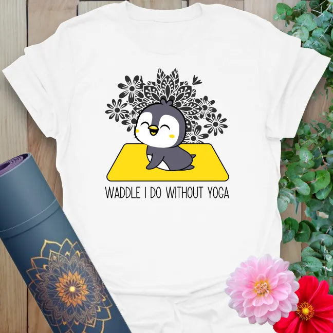 Clean white unisex tee with cute penguin in seated pose on yoga mat, perfect for funny and loving yoga vibes.