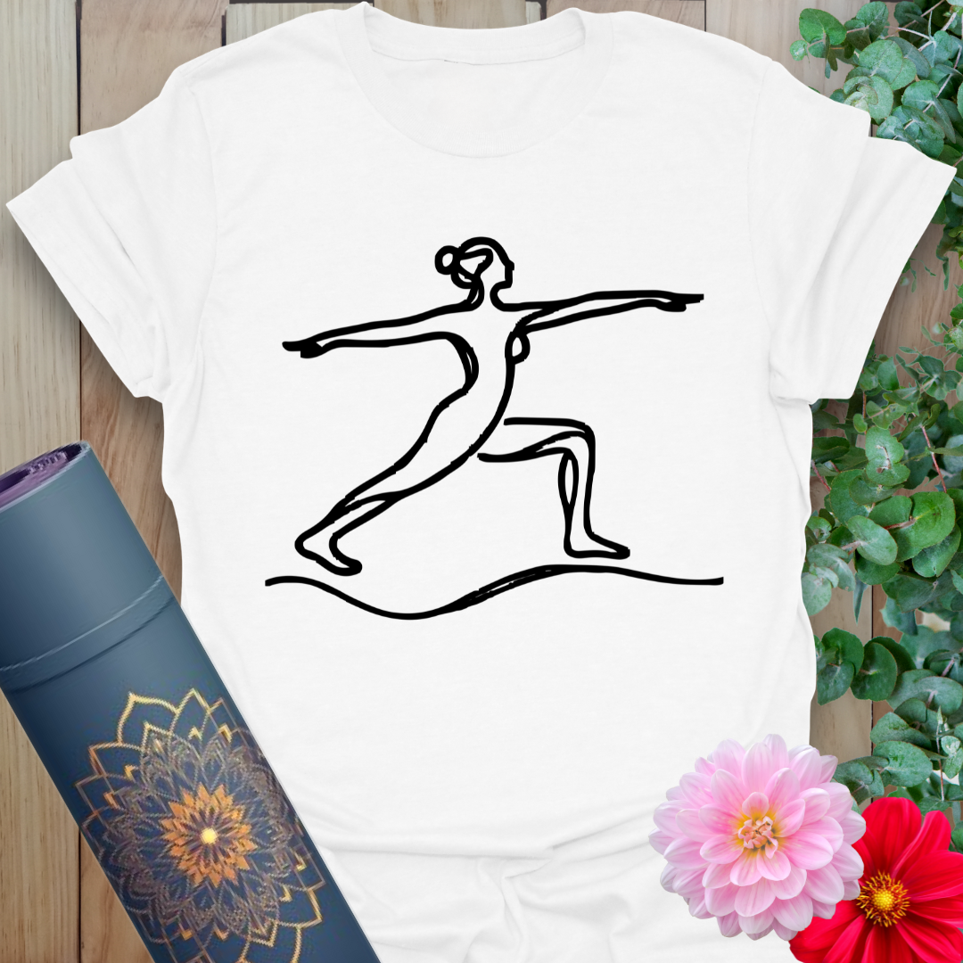 Clean white unisex tee with minimalist Warrior pose illustration for simplicity, strength, and flow.