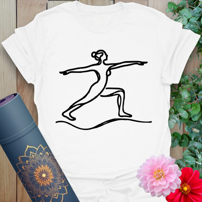 Clean white unisex tee with minimalist Warrior pose illustration for simplicity, strength, and flow.