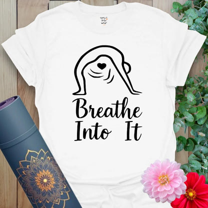 Clean white unisex tee with mindful breathing message and yogi design for conscious, quiet strength.