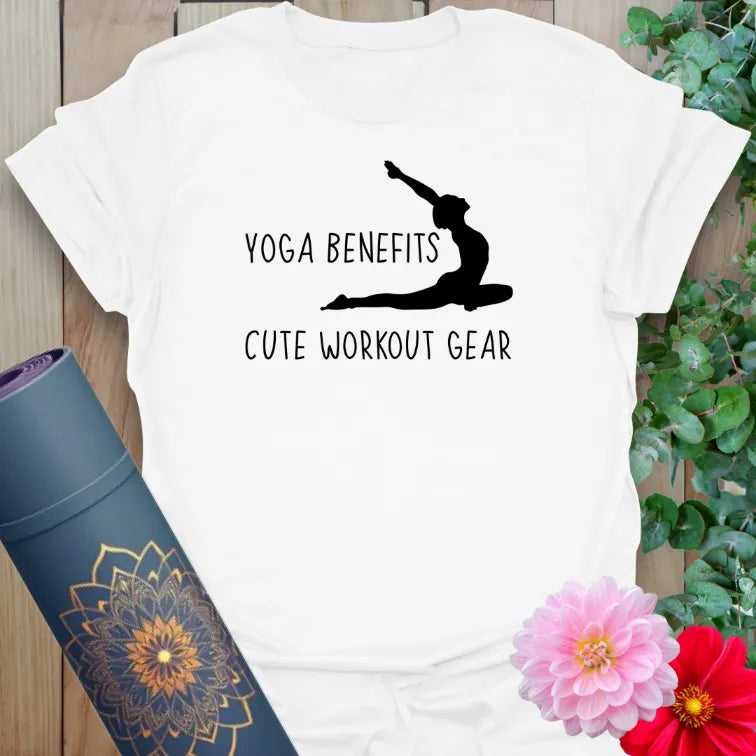 Clean white unisex tee with Warrior I pose illustration and cheeky workout gear message for everyday flow.