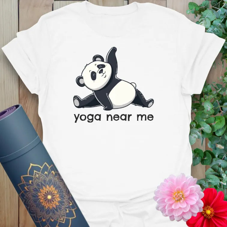 Clean white unisex yoga t-shirt with cute panda and lighthearted yoga quote for everyday mindful fun.