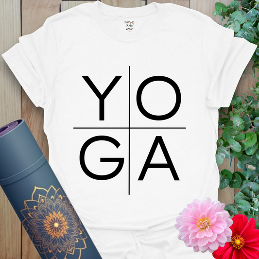 Clean white unisex yoga t-shirt with striking grid layout “YOGA” lettering for daily mindfulness wear.