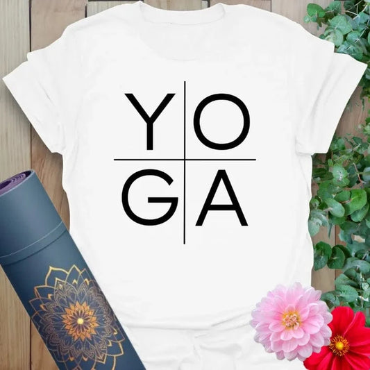Clean white unisex yoga t-shirt with striking grid layout “YOGA” lettering for daily mindfulness wear.