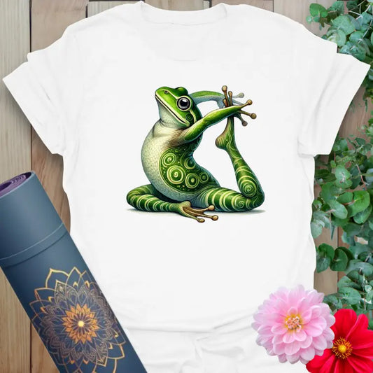 Clean white unisex tee with detailed meditating frog illustration for humorous, conscious comfort.
