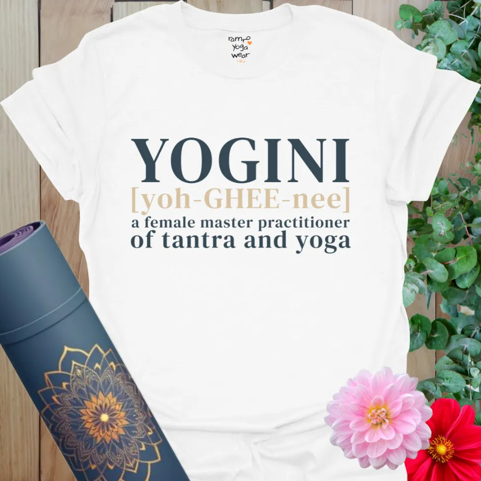White Yogini T-Shirt with clean print and inspiring meaning. Lightweight, breathable tee for yoginis everywhere.
