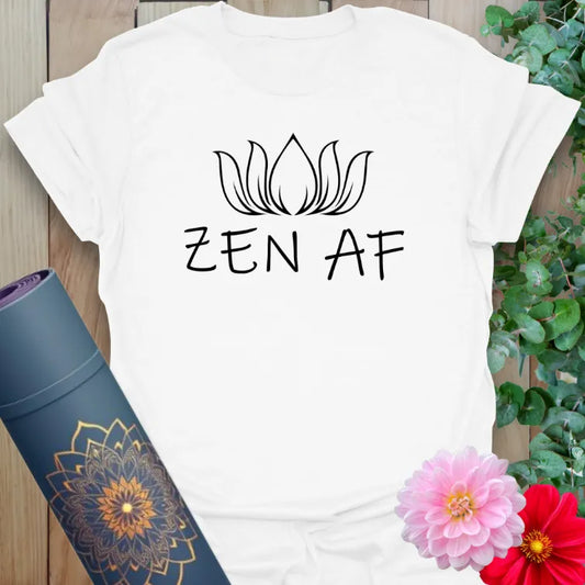 Clean white unisex tee with black “ZEN AF” text and lotus flower for sleek, bold yoga vibes.