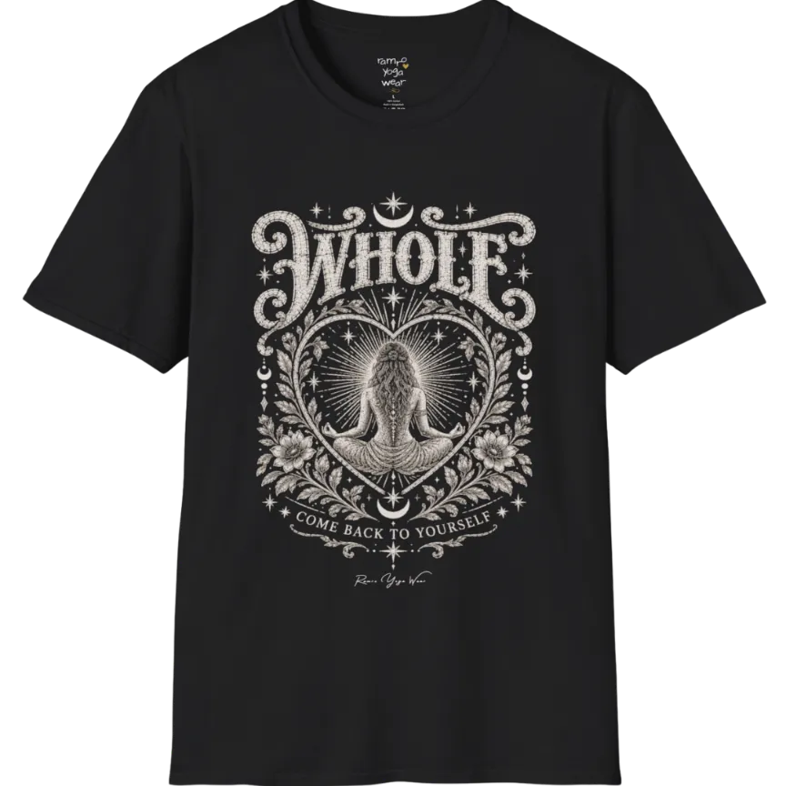 Whole T-Shirt, short sleeved, flat lay with a meditating figure inside a sunburst heart outline — vintage engraved graphic tee by Ramro Yoga Wear in Black.