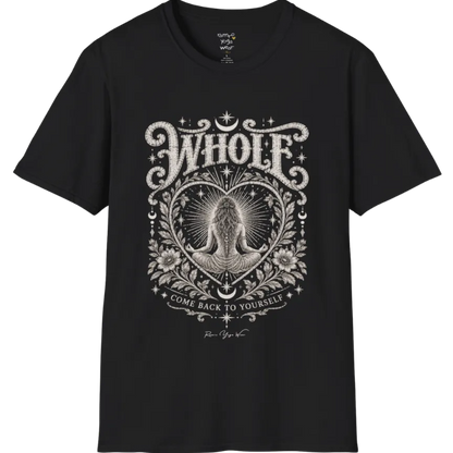 Whole T-Shirt, short sleeved, flat lay with a meditating figure inside a sunburst heart outline — vintage engraved graphic tee by Ramro Yoga Wear in Black.