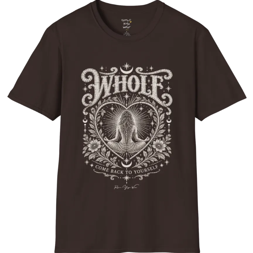 Whole T-Shirt, short sleeved, flat lay with a meditating figure inside a sunburst heart outline — vintage engraved graphic tee by Ramro Yoga Wear in Dark Chocolate.