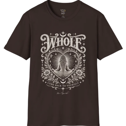 Whole T-Shirt, short sleeved, flat lay with a meditating figure inside a sunburst heart outline — vintage engraved graphic tee by Ramro Yoga Wear in Dark Chocolate.