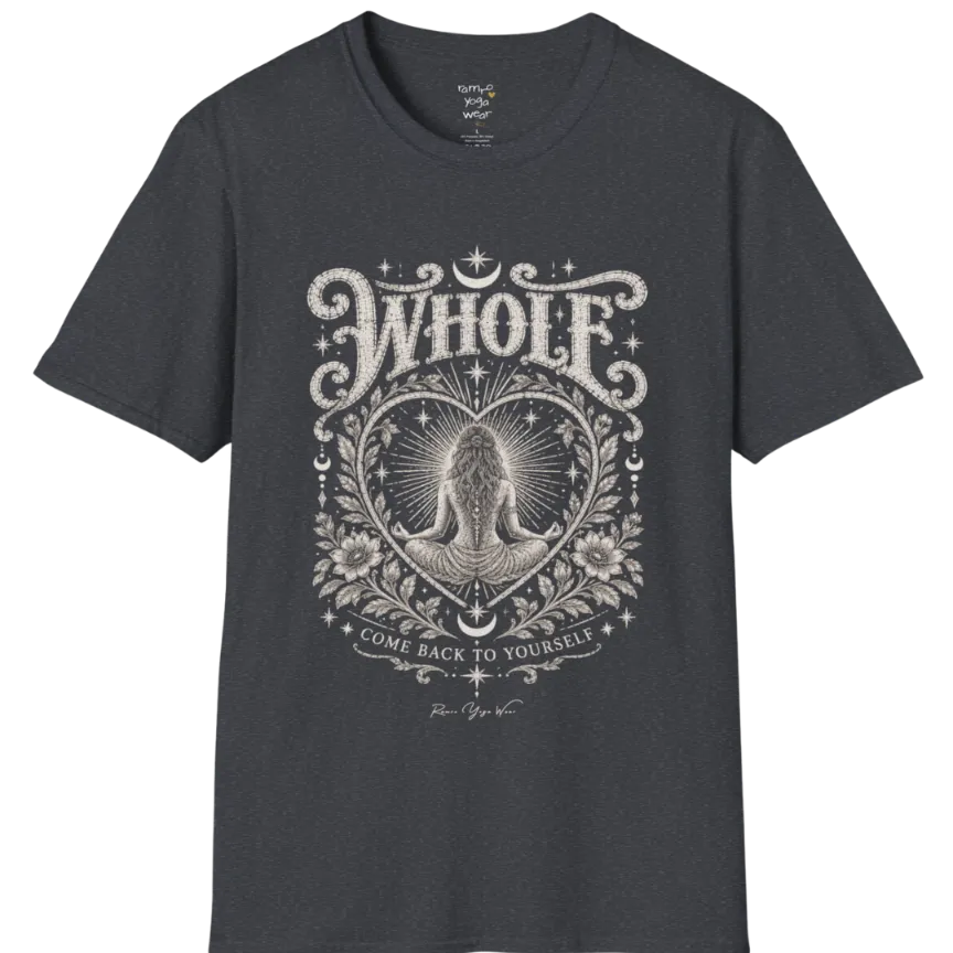 Whole T-Shirt, short sleeved, flat lay with a meditating figure inside a sunburst heart outline — vintage engraved graphic tee by Ramro Yoga Wear in Dark Heather Grey.