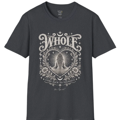 Whole T-Shirt, short sleeved, flat lay with a meditating figure inside a sunburst heart outline — vintage engraved graphic tee by Ramro Yoga Wear in Dark Heather Grey.