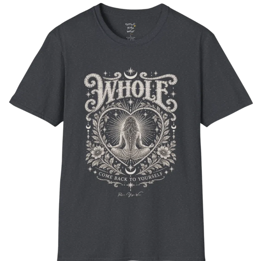 Whole T-Shirt, short sleeved, flat lay with a meditating figure inside a sunburst heart outline — vintage engraved graphic tee by Ramro Yoga Wear in Dark Heather Grey.