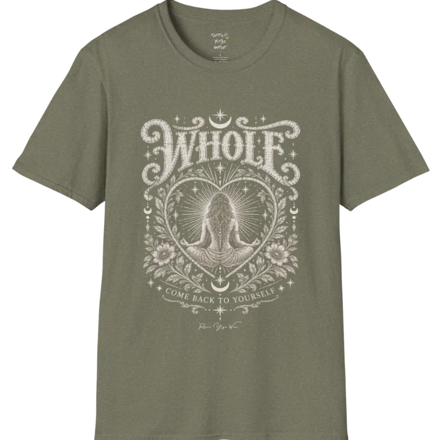 Whole T-Shirt, short sleeved, flat lay with a meditating figure inside a sunburst heart outline — vintage engraved graphic tee by Ramro Yoga Wear in Heather Military Green.