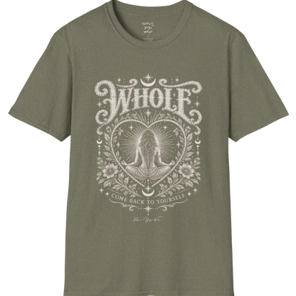 Whole T-Shirt, short sleeved, flat lay with a meditating figure inside a sunburst heart outline — vintage engraved graphic tee by Ramro Yoga Wear in Heather Military Green.