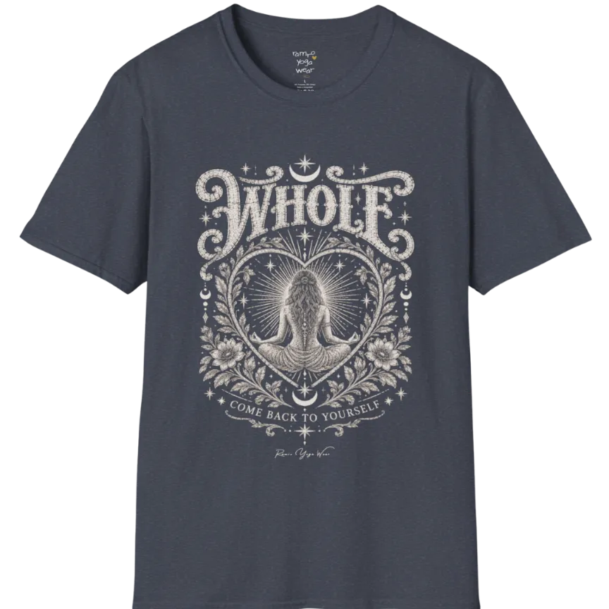 Whole T-Shirt, short sleeved, flat lay with a meditating figure inside a sunburst heart outline — vintage engraved graphic tee by Ramro Yoga Wear in Heather Navy.