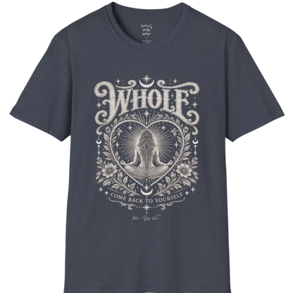 Whole T-Shirt, short sleeved, flat lay with a meditating figure inside a sunburst heart outline — vintage engraved graphic tee by Ramro Yoga Wear in Heather Navy.