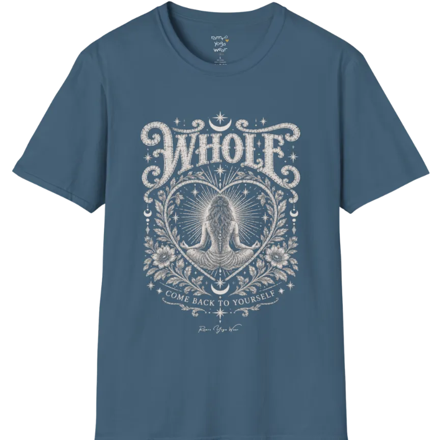 Whole T-Shirt, short sleeved, flat lay with a meditating figure inside a sunburst heart outline — vintage engraved graphic tee by Ramro Yoga Wear in Indigo Blue.