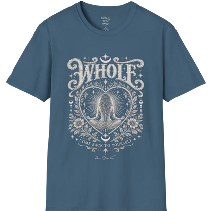 Whole T-Shirt, short sleeved, flat lay with a meditating figure inside a sunburst heart outline — vintage engraved graphic tee by Ramro Yoga Wear in Indigo Blue.