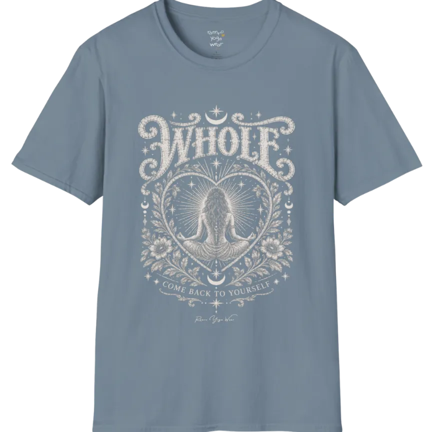 Whole T-Shirt, short sleeved, flat lay with a meditating figure inside a sunburst heart outline — vintage engraved graphic tee by Ramro Yoga Wear in Stone Blue.