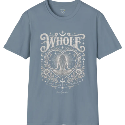 Whole T-Shirt, short sleeved, flat lay with a meditating figure inside a sunburst heart outline — vintage engraved graphic tee by Ramro Yoga Wear in Stone Blue.