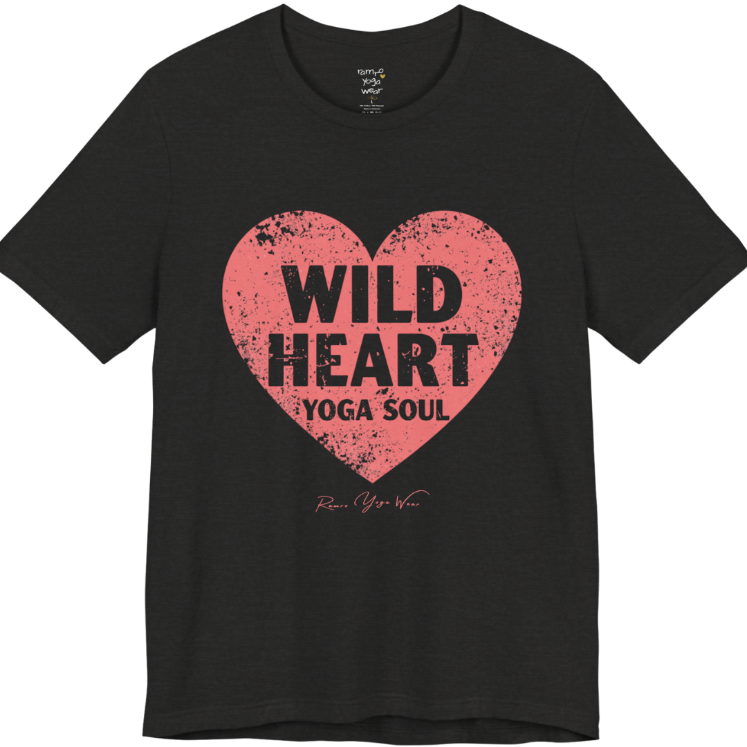 WILD HEART YOGA SOUL distressed heart tee — Funny Yoga Shirts collection by Ramro Yoga Wear — Black Heather
