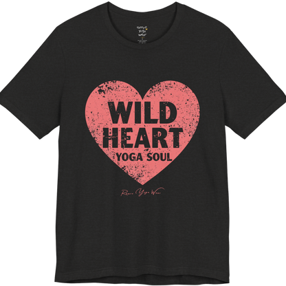 WILD HEART YOGA SOUL distressed heart tee — Funny Yoga Shirts collection by Ramro Yoga Wear — Black Heather
